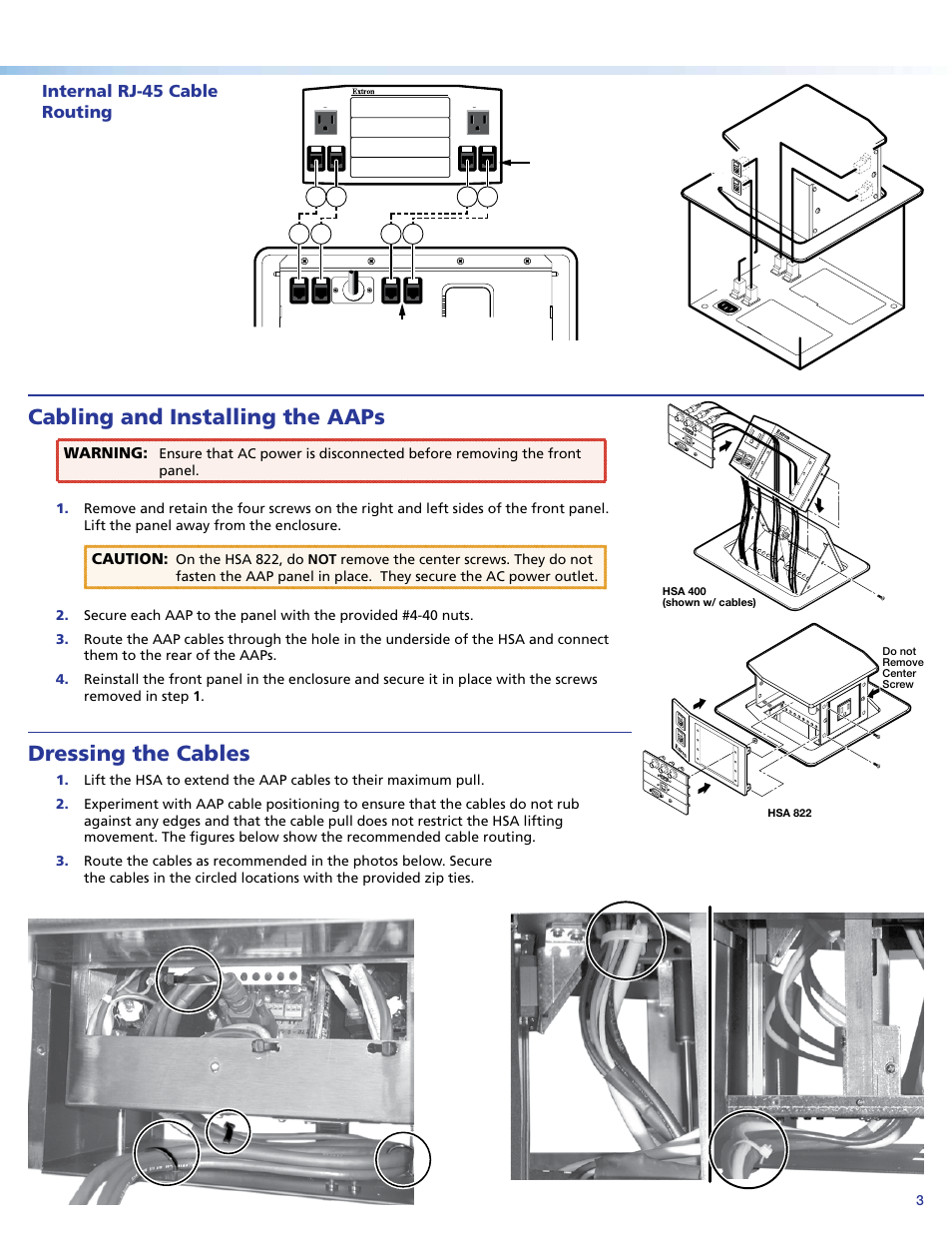 Internal rj-45 cablerouting, Cabling and installing the aaps, Dressing the cables | Internal rj-45 cable routing | Extron Electronics Hideaway Surface Access Products User Manual | Page 3 / 4