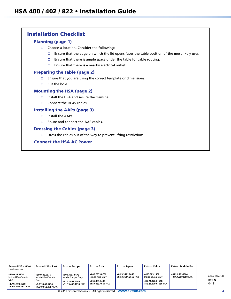 Installation checklist, Contact info, Planning (page 1) | Preparing the table (page 2), Mounting the hsa (page 2), Installing the aaps (page 3), Dressing the cables (page 3), Connect the hsa ac power | Extron Electronics Hideaway Surface Access Products User Manual | Page 4 / 4