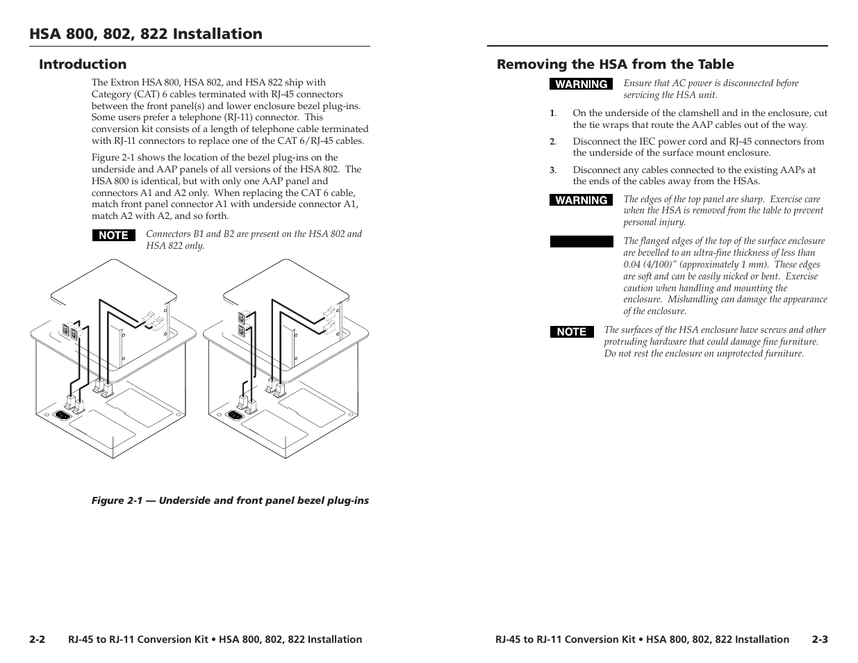 Removing the hsa from the table, Introduction | Extron Electronics RJ-11 Installation User Manual | Page 10 / 13