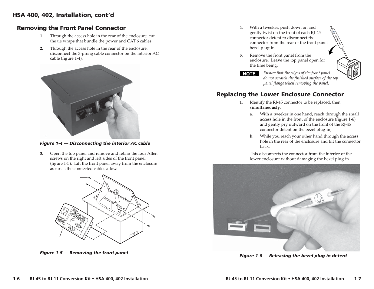 Removing the front panel connector, Replacing the lower enclosure connector, Figure 1-4 — disconnecting the interior ac cable | Figure 1-5 — removing the front panel, Figure 1-6 — releasing the bezel plug-in detent | Extron Electronics RJ-11 Installation User Manual | Page 7 / 13