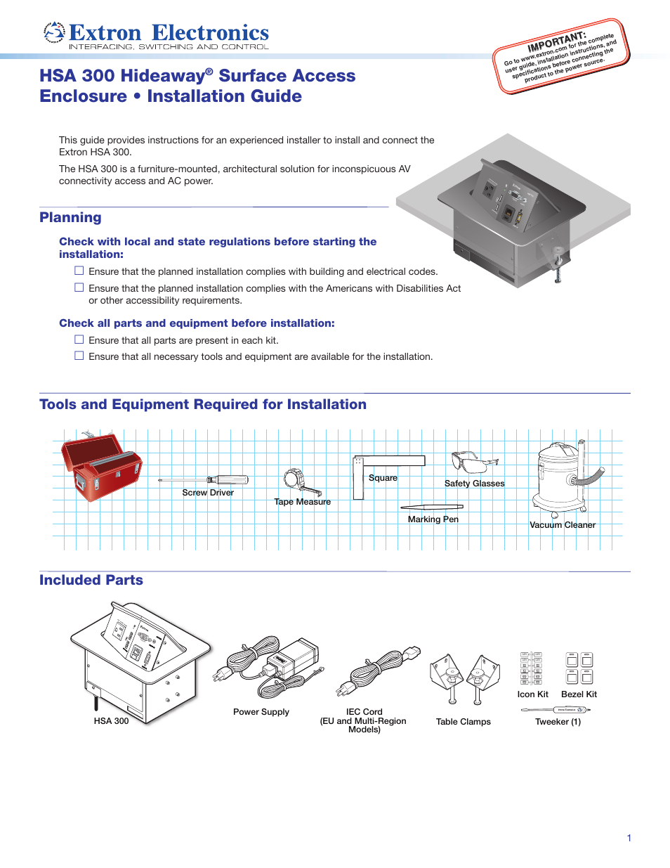 Extron Electronics HSA 300 Hideaway User Manual | 4 pages