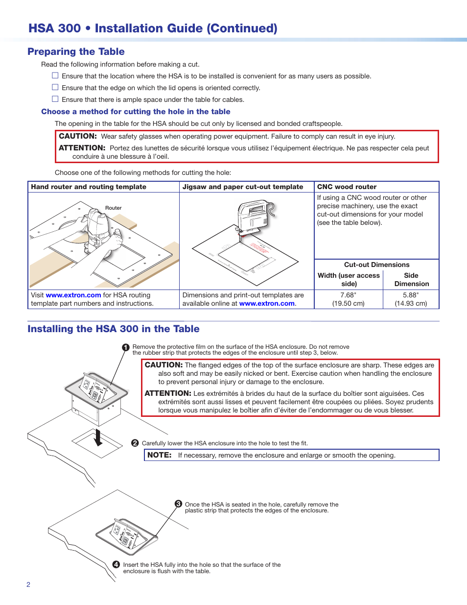 Hsa 300 • installation guide (continued), Installing the hsa 300 in the table, Preparing the table | Choose a method for cutting the hole in the table, Caution, Attention, Read the following information before making a cut | Extron Electronics HSA 300 Hideaway User Manual | Page 2 / 4