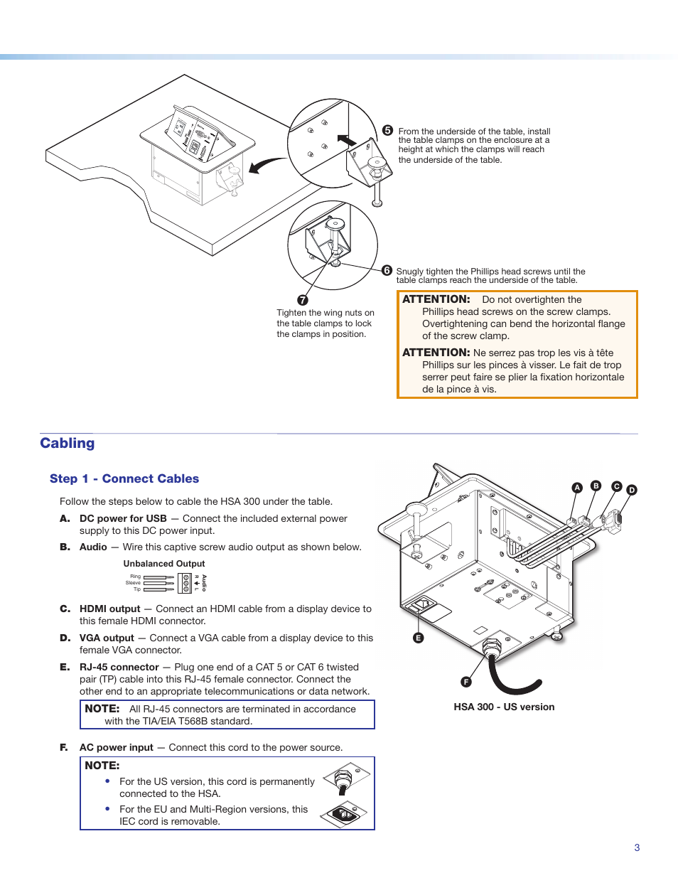 Cabling, Step 1 - connect cables | Extron Electronics HSA 300 Hideaway User Manual | Page 3 / 4