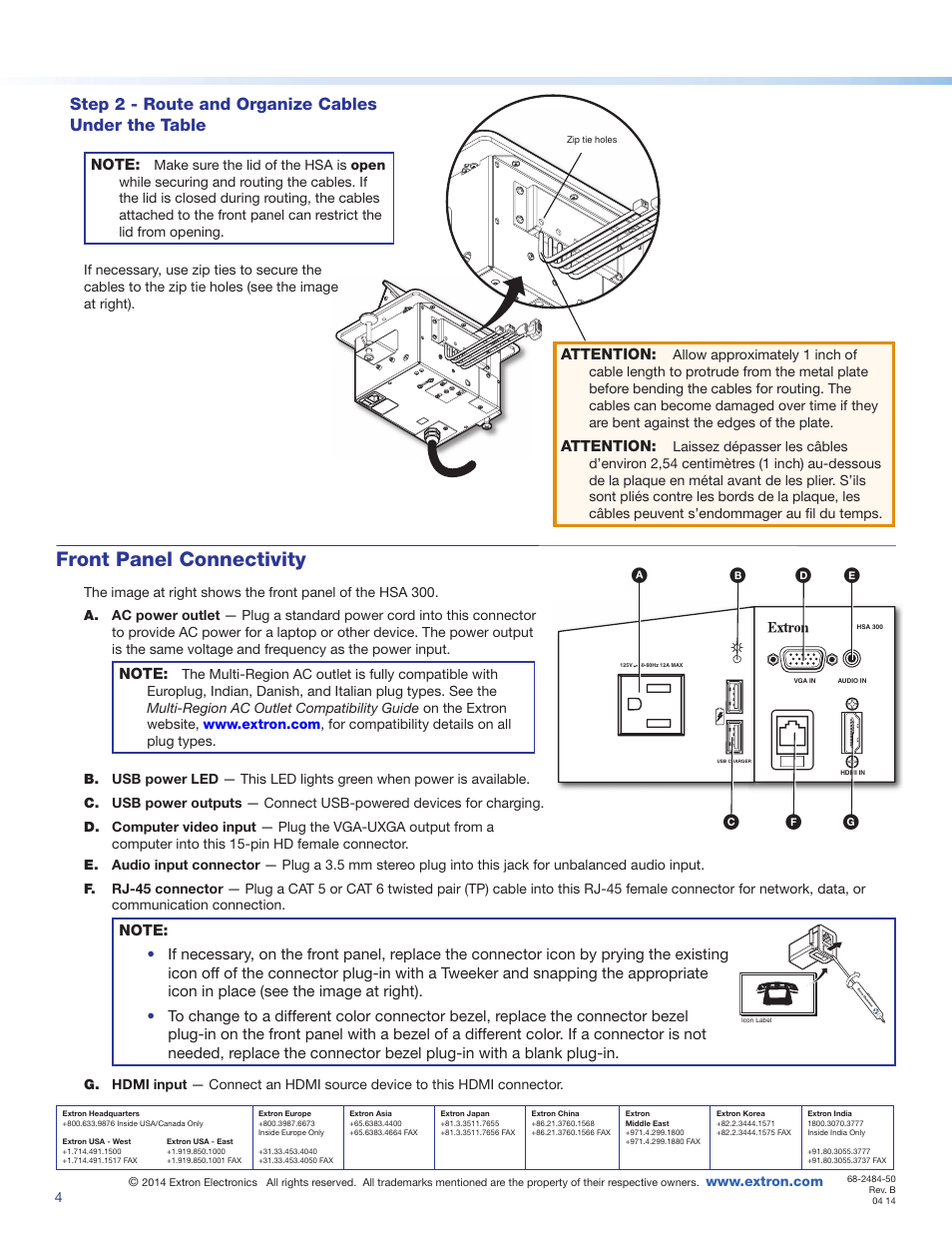 Front panel connectivity, Step 2 - route and organize cables under the table | Extron Electronics HSA 300 Hideaway User Manual | Page 4 / 4