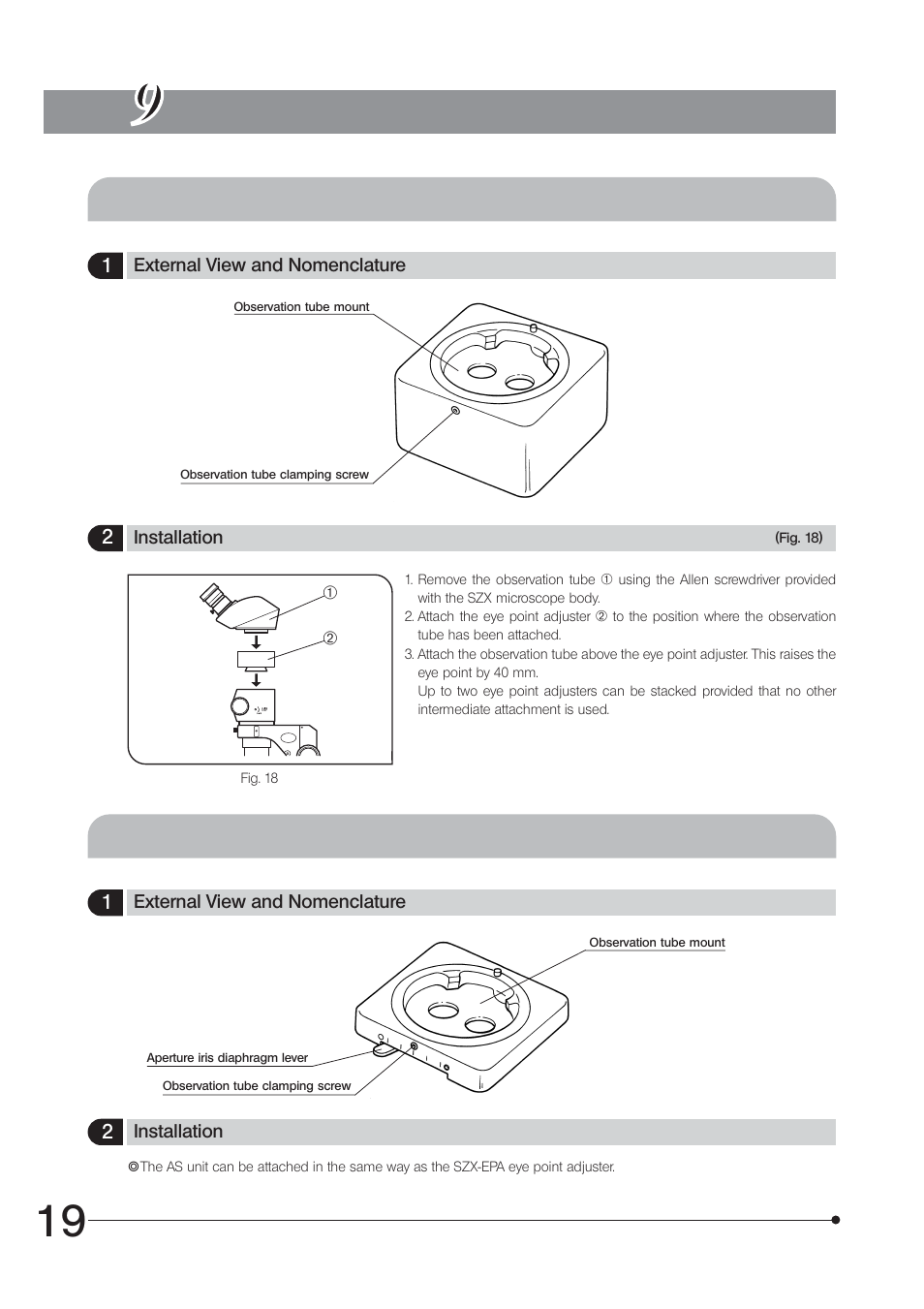 Optional modules, 1 eye point adjuster szx-epa, 2 as unit szx-as (for the szx-zb7/zb9) | Olympus SZX7 User Manual | Page 22 / 32