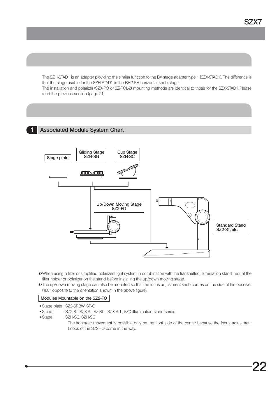 4 stage adapter type 1 szh-stad1, 5 up/down moving stage sz2-fo, Szx7 | Olympus SZX7 User Manual | Page 25 / 32