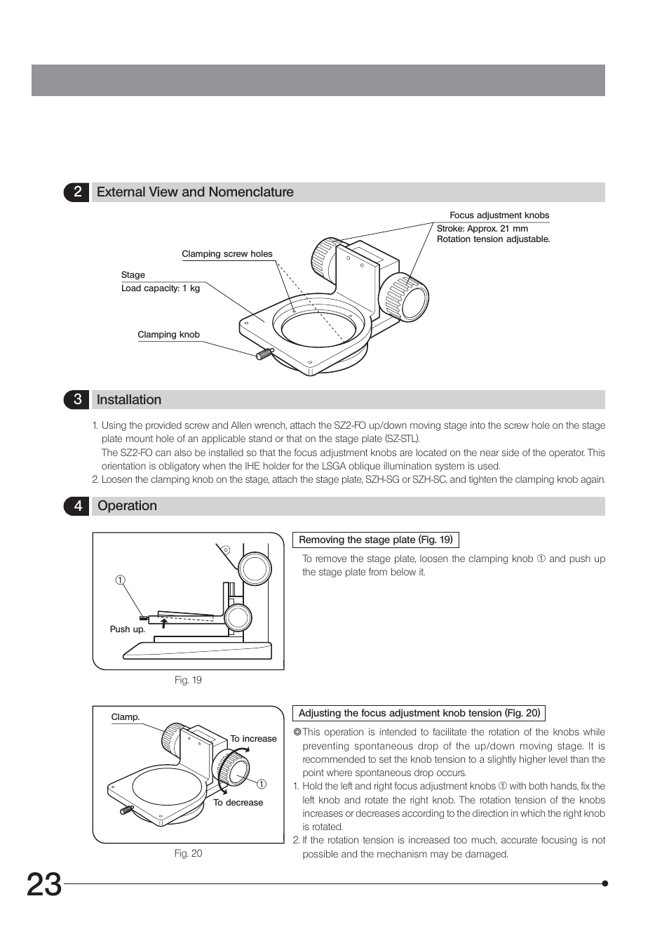 External view and nomenclature, Installation, Operation | Olympus SZX7 User Manual | Page 26 / 32