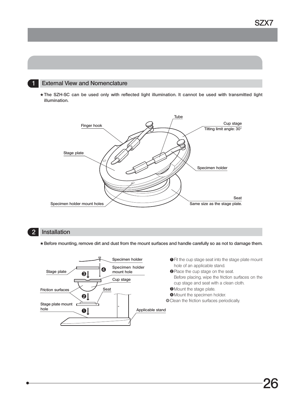 7 cup stage szh-sc, Szx7, Installation | External view and nomenclature | Olympus SZX7 User Manual | Page 29 / 32