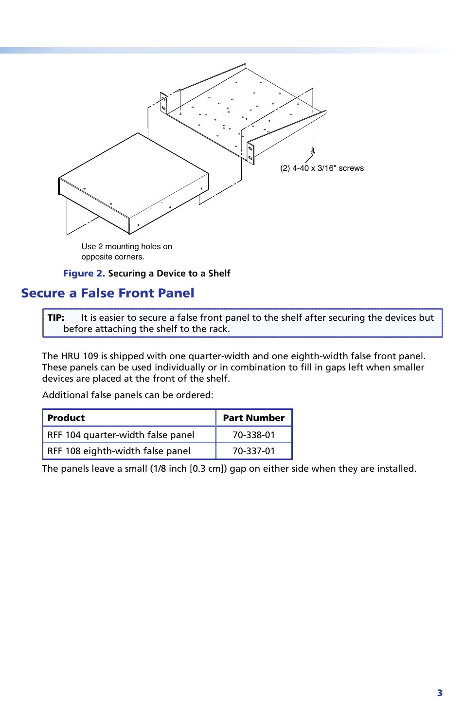 Secure a false front panel | Extron Electronics HRU 109 User Manual | Page 3 / 4