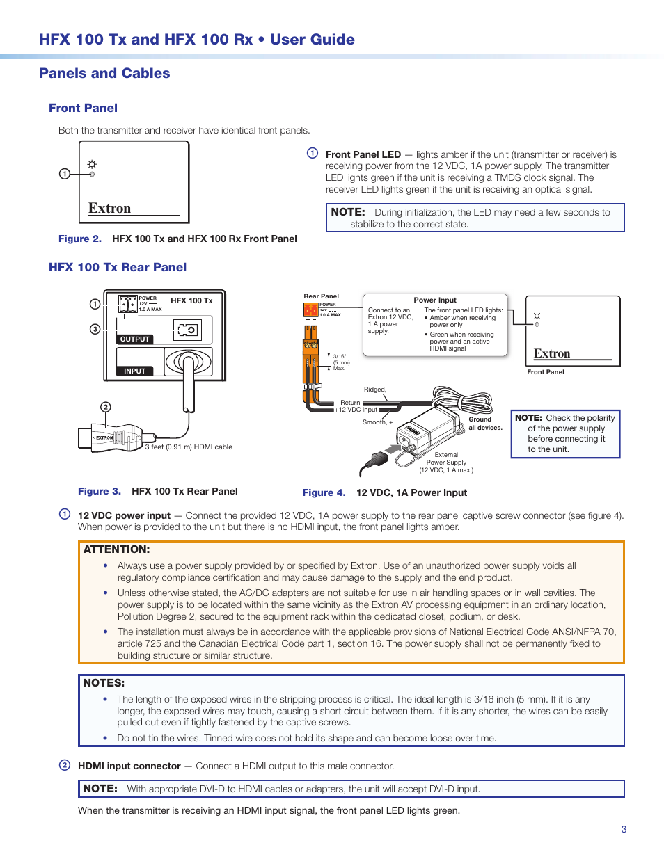 Extron, Extron a, Panels and cables | A c b, Front panel, Hfx 100 tx rear panel | Extron Electronics HFX 100 Rx User Manual | Page 3 / 5