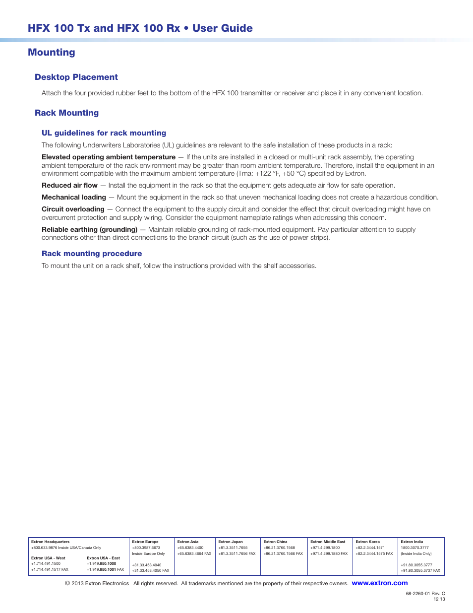 Mount the hfx 100 tx and hfx 100 rx, Mounting, Desktop placement | Rack mounting, Ul guidelines for rack mounting, Rack mounting procedure | Extron Electronics HFX 100 Rx User Manual | Page 5 / 5