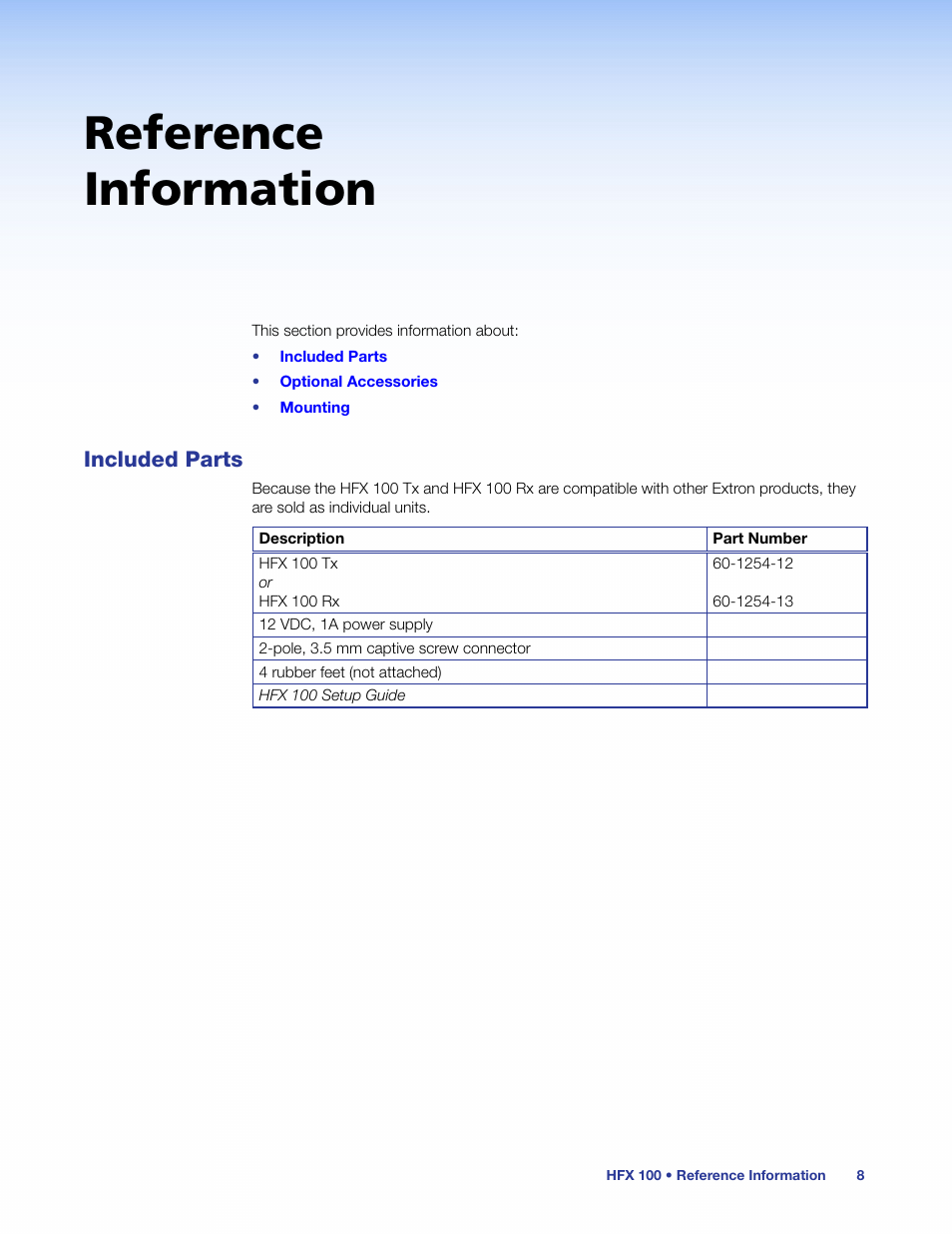 Reference information, Included parts | Extron Electronics HFX 100 Series User’s Guide User Manual | Page 14 / 16