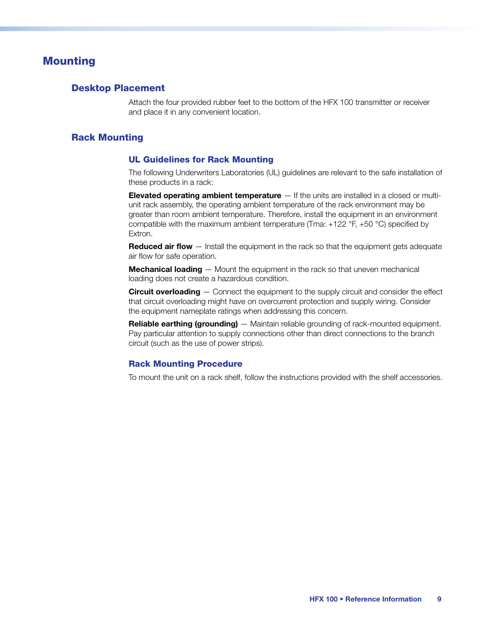 Mounting, Desktop placement, Rack mounting | Desktop placement rack mounting, Mount the hfx 100 tx and hfx 100 rx | Extron Electronics HFX 100 Series User’s Guide User Manual | Page 15 / 16