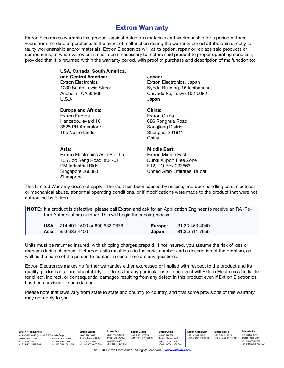 Extron warranty, Extron contact information | Extron Electronics HFX 100 Series User’s Guide User Manual | Page 16 / 16