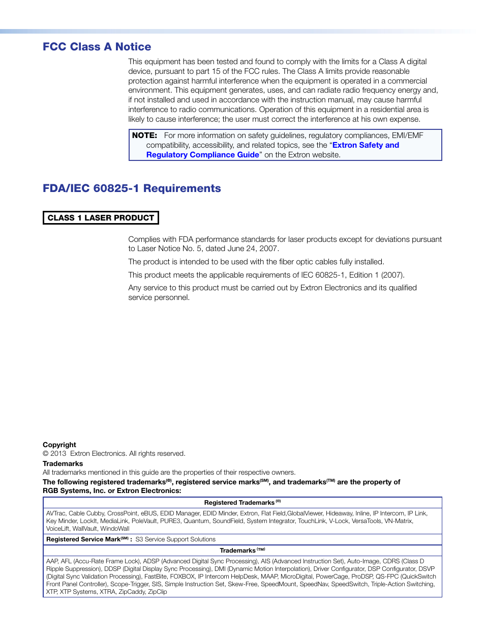 Fcc class, Fda/iec 60825-1 requirements, Fcc class a notice | Extron Electronics HFX 100 Series User’s Guide User Manual | Page 3 / 16