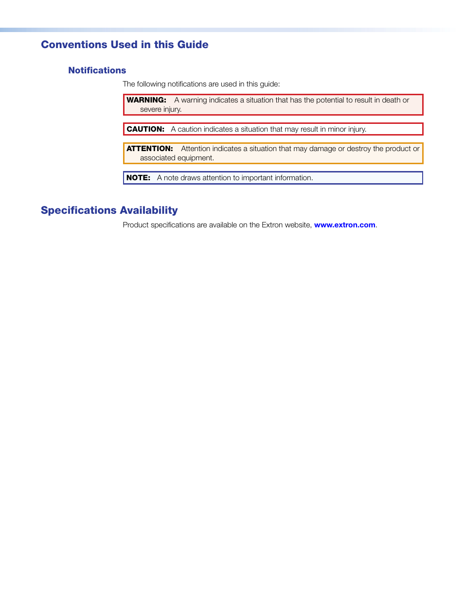 Conventions used in this guide, Notifications, Specifications availability | Extron Electronics HFX 100 Series User’s Guide User Manual | Page 4 / 16
