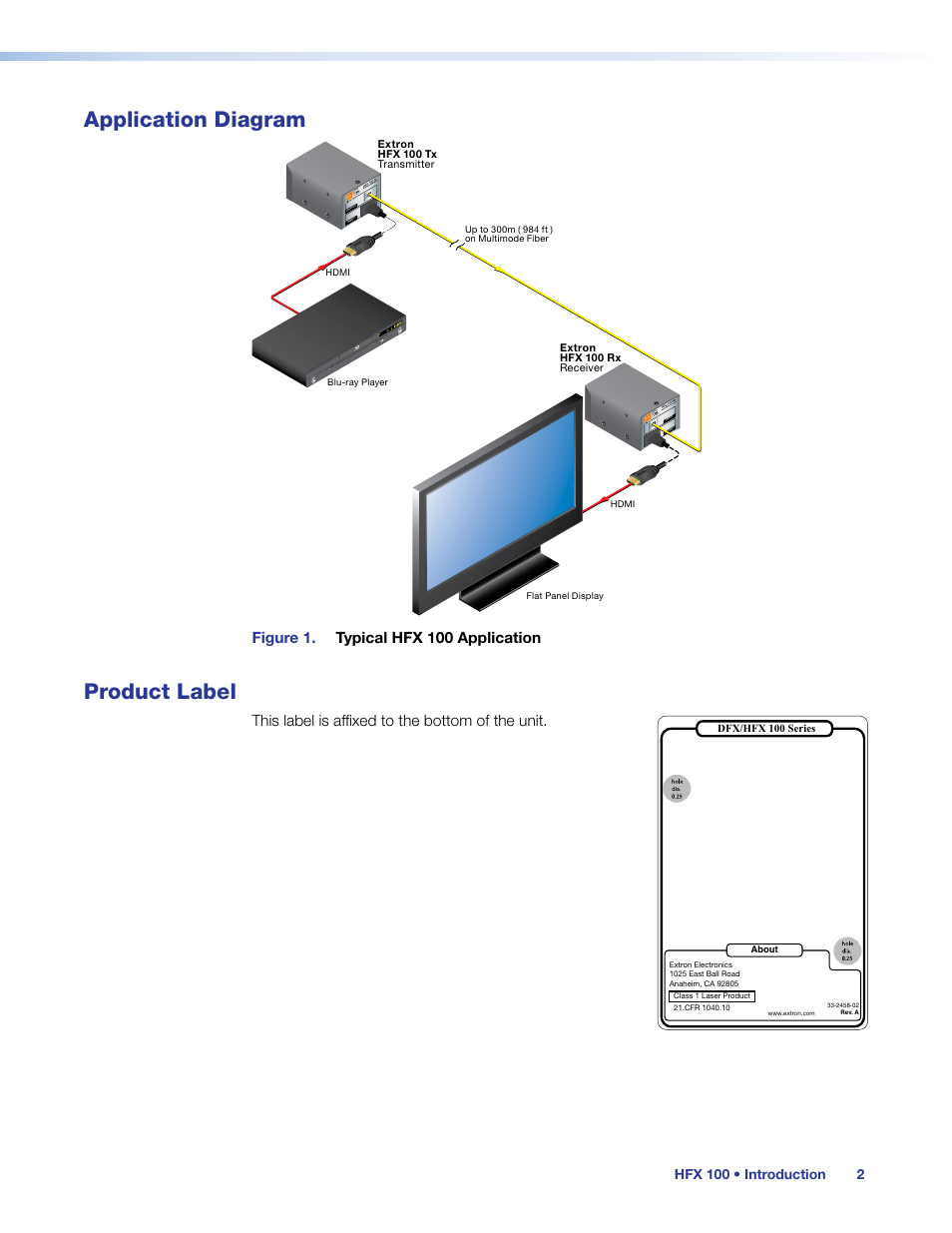 Application diagram, Product label, Application diagram product label | Figure 1. typical hfx 100 application, This label is affixed to the bottom of the unit | Extron Electronics HFX 100 Series User’s Guide User Manual | Page 8 / 16