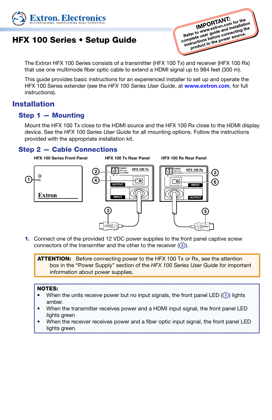 Extron Electronics HFX 100 Series Setup Guide User Manual | 2 pages