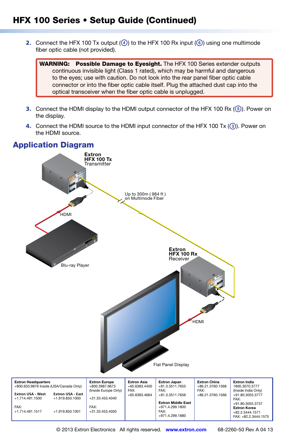 Application diagram, Extron contact information, Hfx 100 series • setup guide (continued) | Connect the hfx 100 tx output, Power on the hdmi source | Extron Electronics HFX 100 Series Setup Guide User Manual | Page 2 / 2