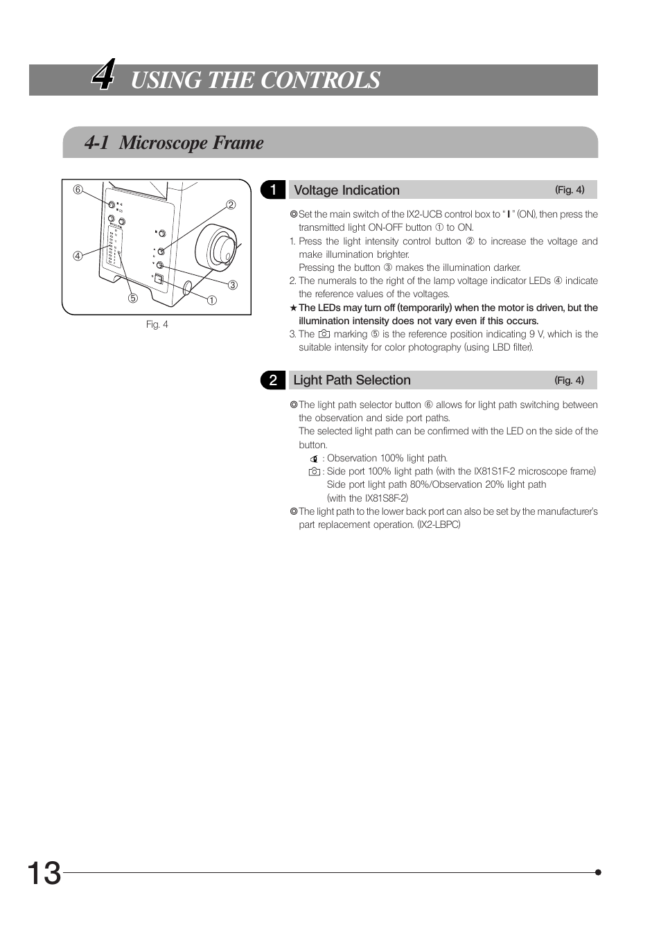 Using the controls, 1 microscope frame | Olympus IX81 User Manual | Page 18 / 68