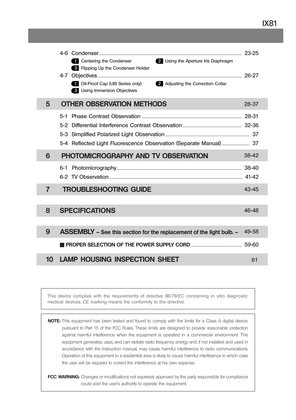 Ix81, 5 other observation methods, 6 photomicrography and tv observation | Assembly, 7 troubleshooting guide 8 specifications 9, 10 lamp housing inspection sheet | Olympus IX81 User Manual | Page 5 / 68