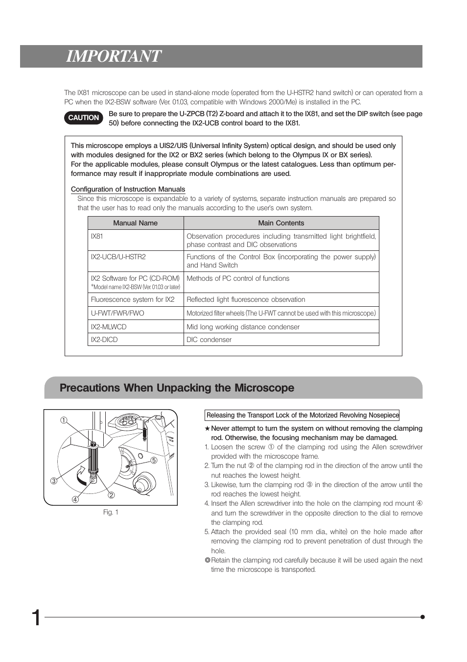 Important, Precautions when unpacking the microscope | Olympus IX81 User Manual | Page 6 / 68