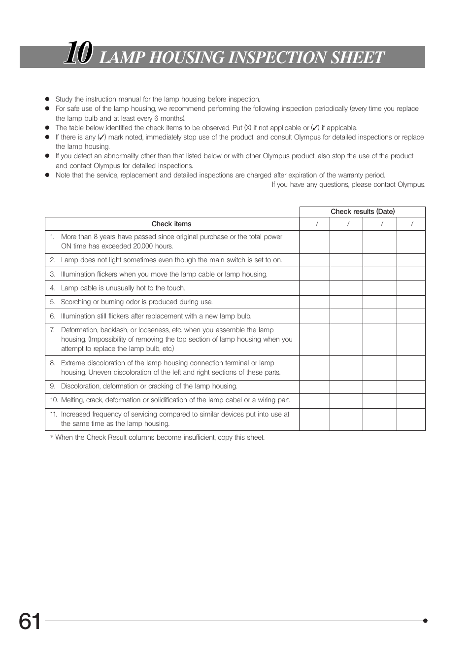 Lamp housing inspection sheet | Olympus IX81 User Manual | Page 66 / 68