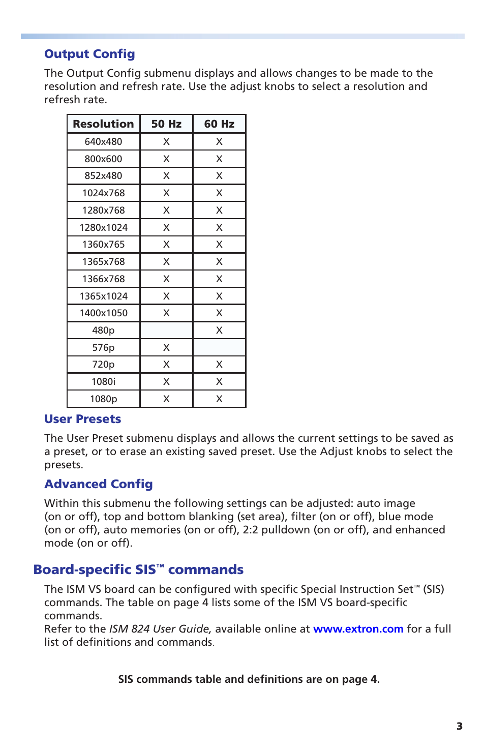 Board-specific sis, Commands, Output config | User presets, Advanced config | Extron Electronics ISM VS Output Board User Manual | Page 3 / 4