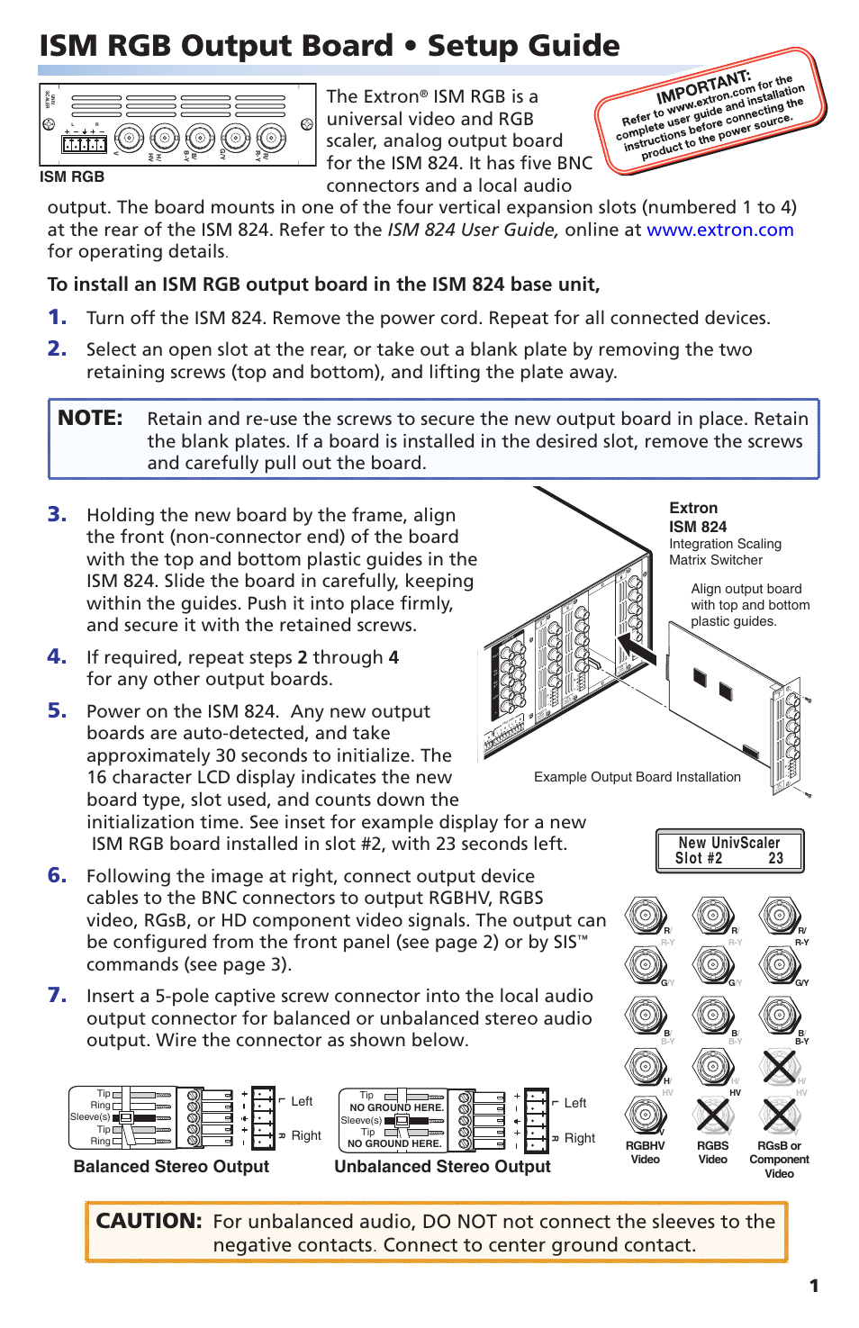 Extron Electronics ISM RGB Output Board User Manual | 4 pages