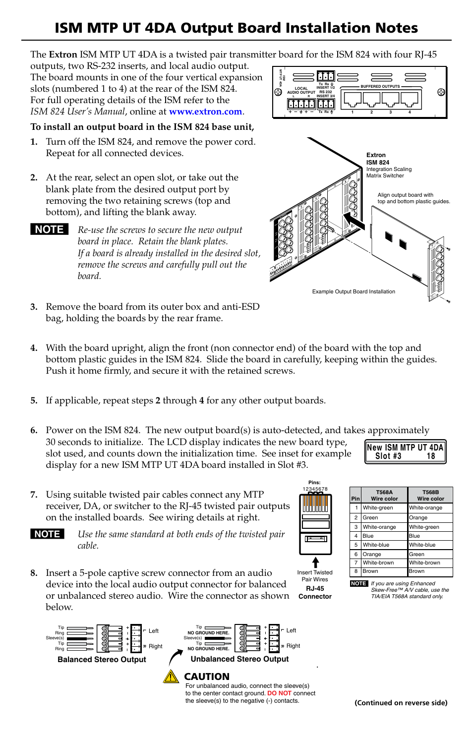 Extron Electronics ISM MTP UT 4DA Output Board User Manual | 2 pages