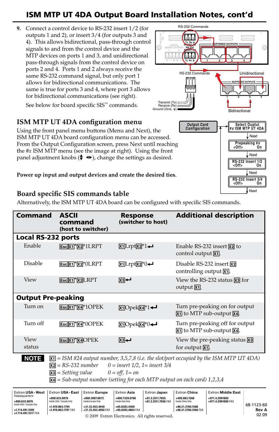 Ism mtp ut 4da configuration menu, Board specific sis commands table, Command ascii command | Response, Additional description local rs-232 ports, Output pre-peaking, Ex! *x | Extron Electronics ISM MTP UT 4DA Output Board User Manual | Page 2 / 2
