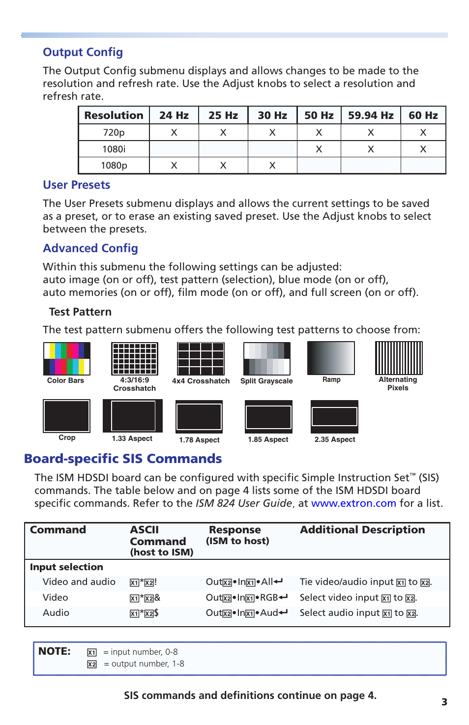 Board-specific sis commands, Output config, User presets | Advanced config | Extron Electronics ISM HDSDI Output Board User Manual | Page 3 / 4