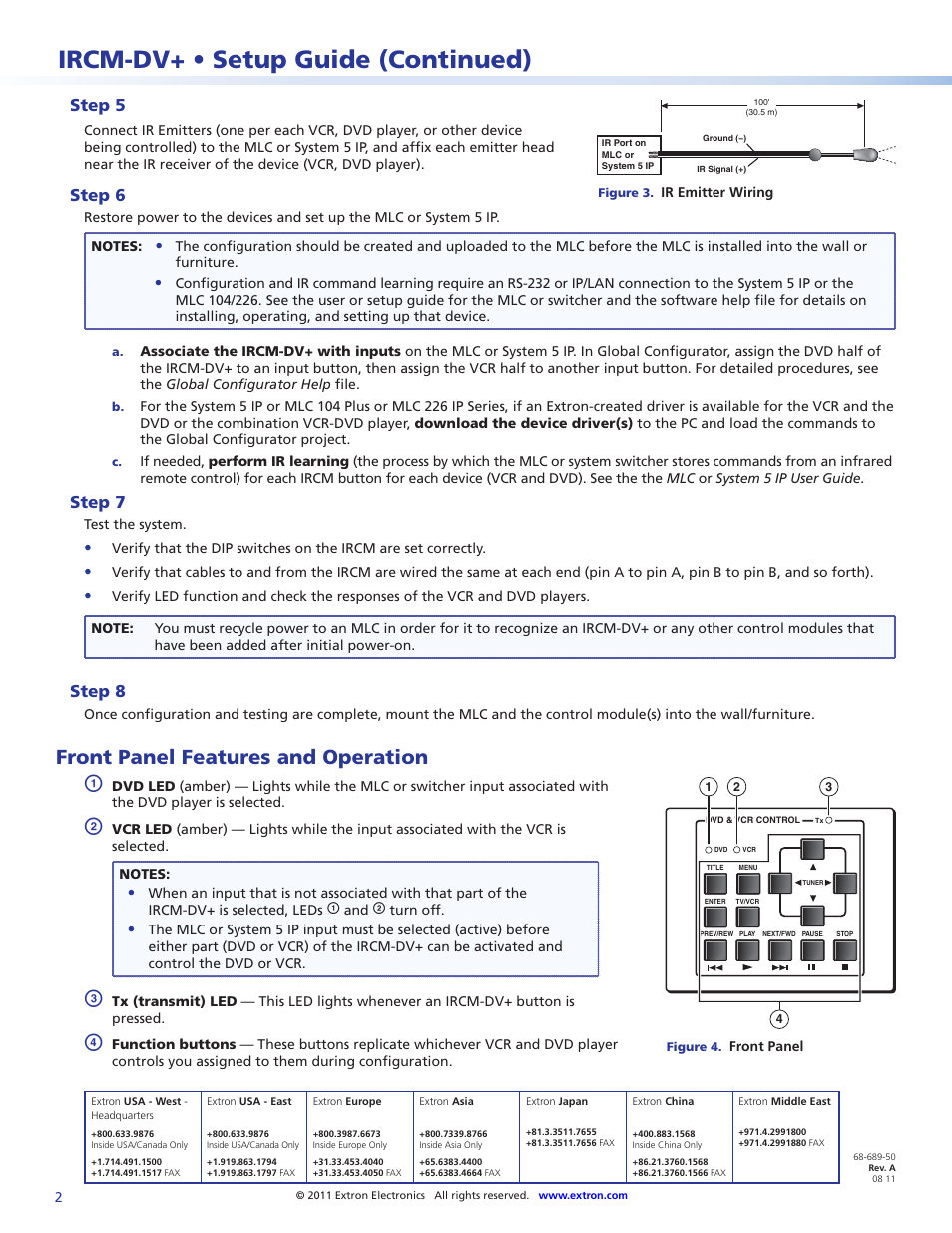 Front panel features and operation, Extron company contact information, Ircm-dv+ • setup guide (continued) | Step 5, Step 6, Step 7, Step 8 | Extron Electronics IRCM-DV+ User Manual | Page 2 / 2