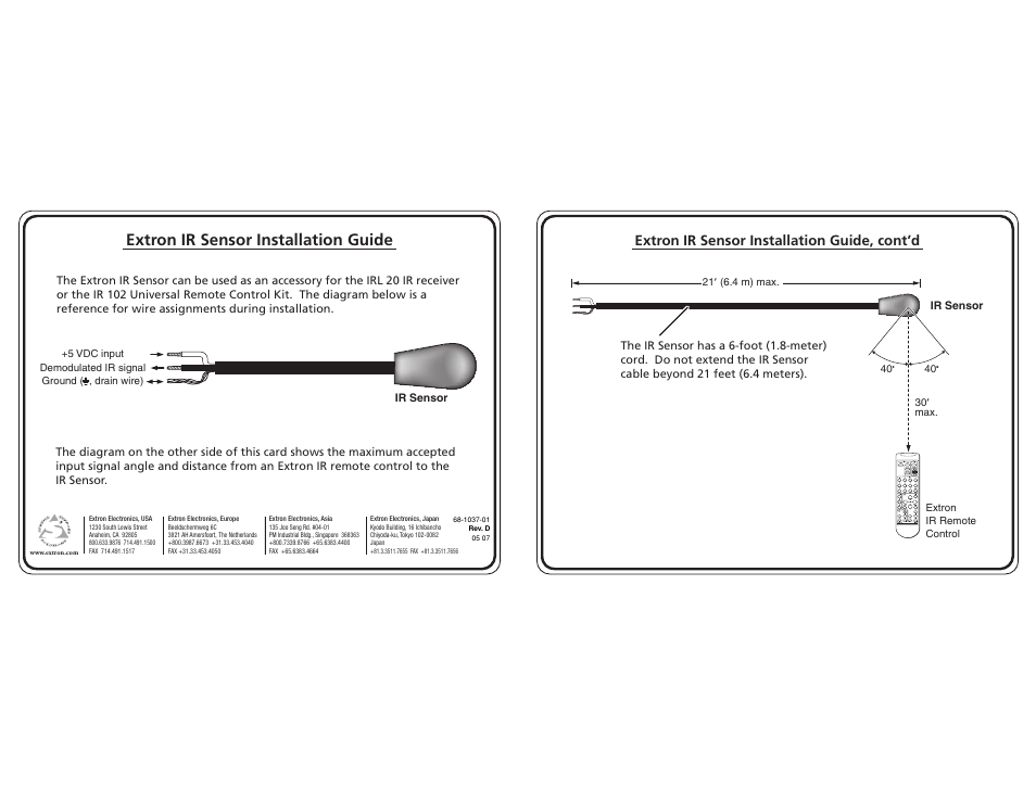 Extron Electronics Extron IR Sensor User Manual | 1 page