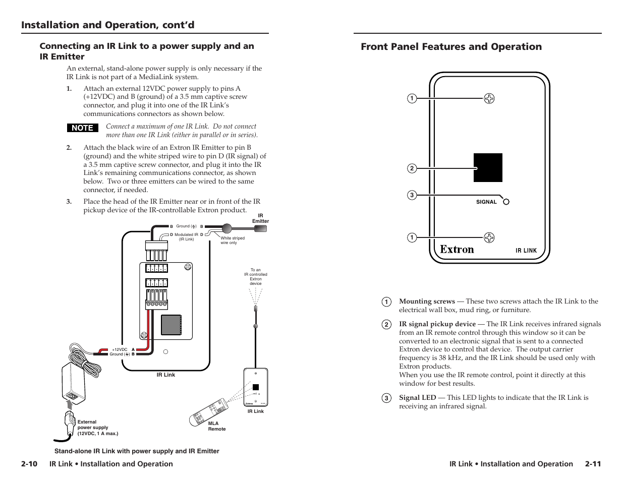 Installation and operation, cont’d, Front panel features and operation, Signal ir link | Extron Electronics IR Link User Manual | Page 10 / 15
