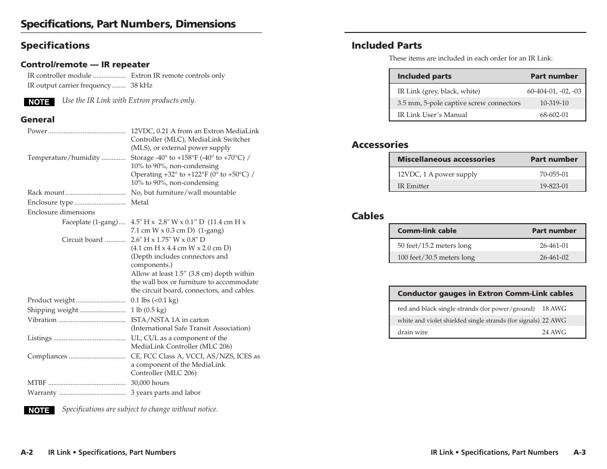 Specifications, part numbers, dimensions, Included parts, Accessories | Cables, Specifications | Extron Electronics IR Link User Manual | Page 12 / 15