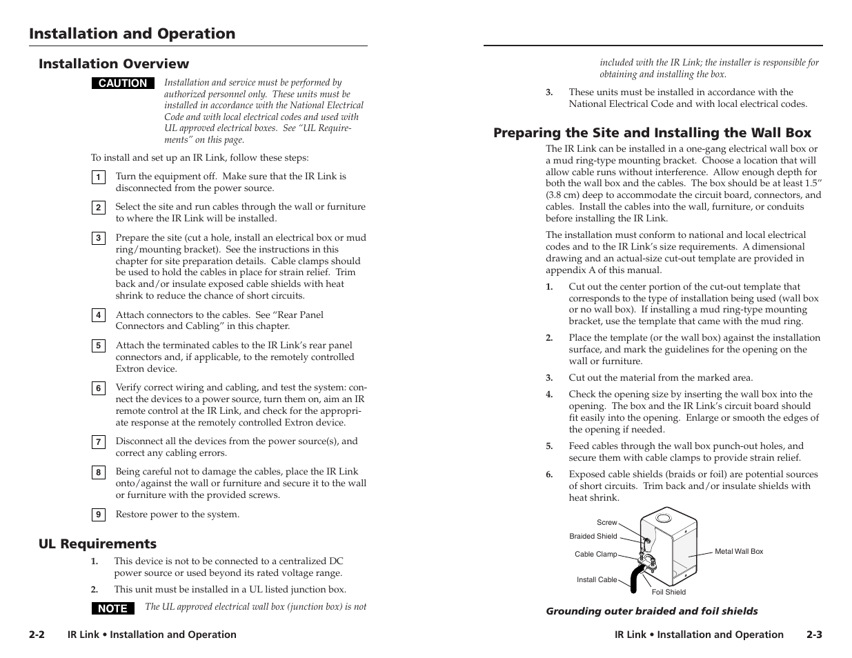 Installation and operation, Preparing the site and installing the wall box, Installation overview | Ul requirements | Extron Electronics IR Link User Manual | Page 6 / 15