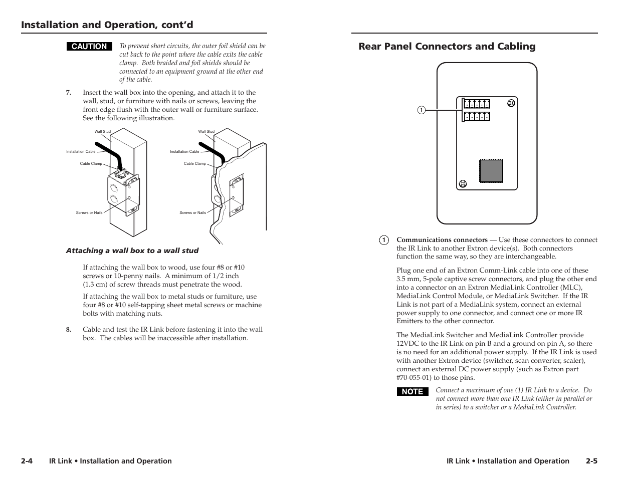 Installation and operation, cont’d, Rear panel connectors and cabling | Extron Electronics IR Link User Manual | Page 7 / 15