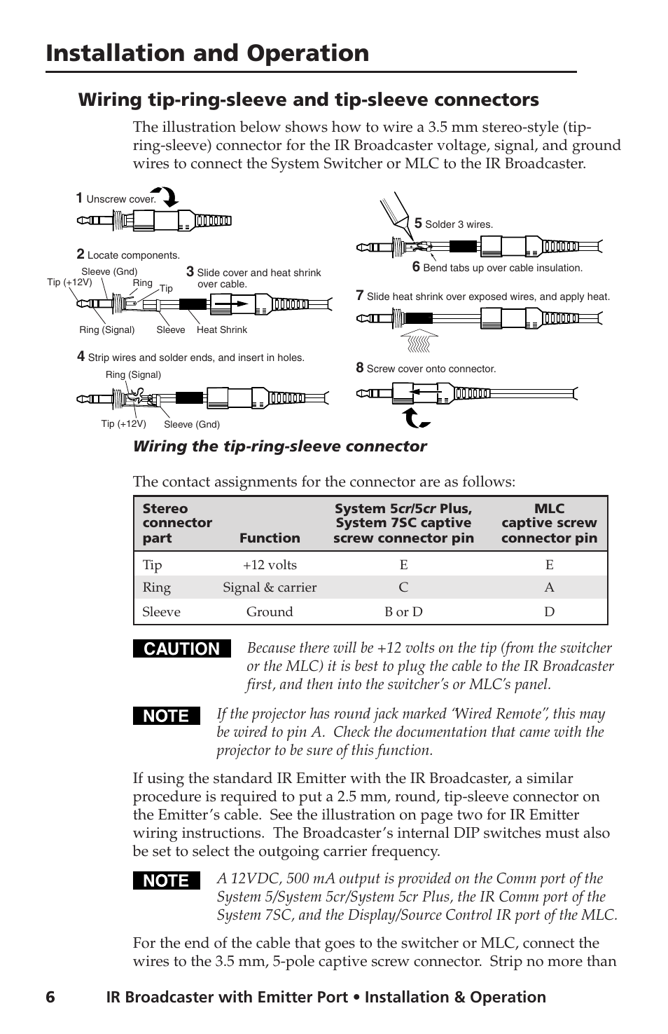 Installation and operation, Wiring tip-ring-sleeve and tip-sleeve connectors, Caution | Wiring the tip-ring-sleeve connector | Extron Electronics IR Broadcaster User Manual | Page 6 / 8