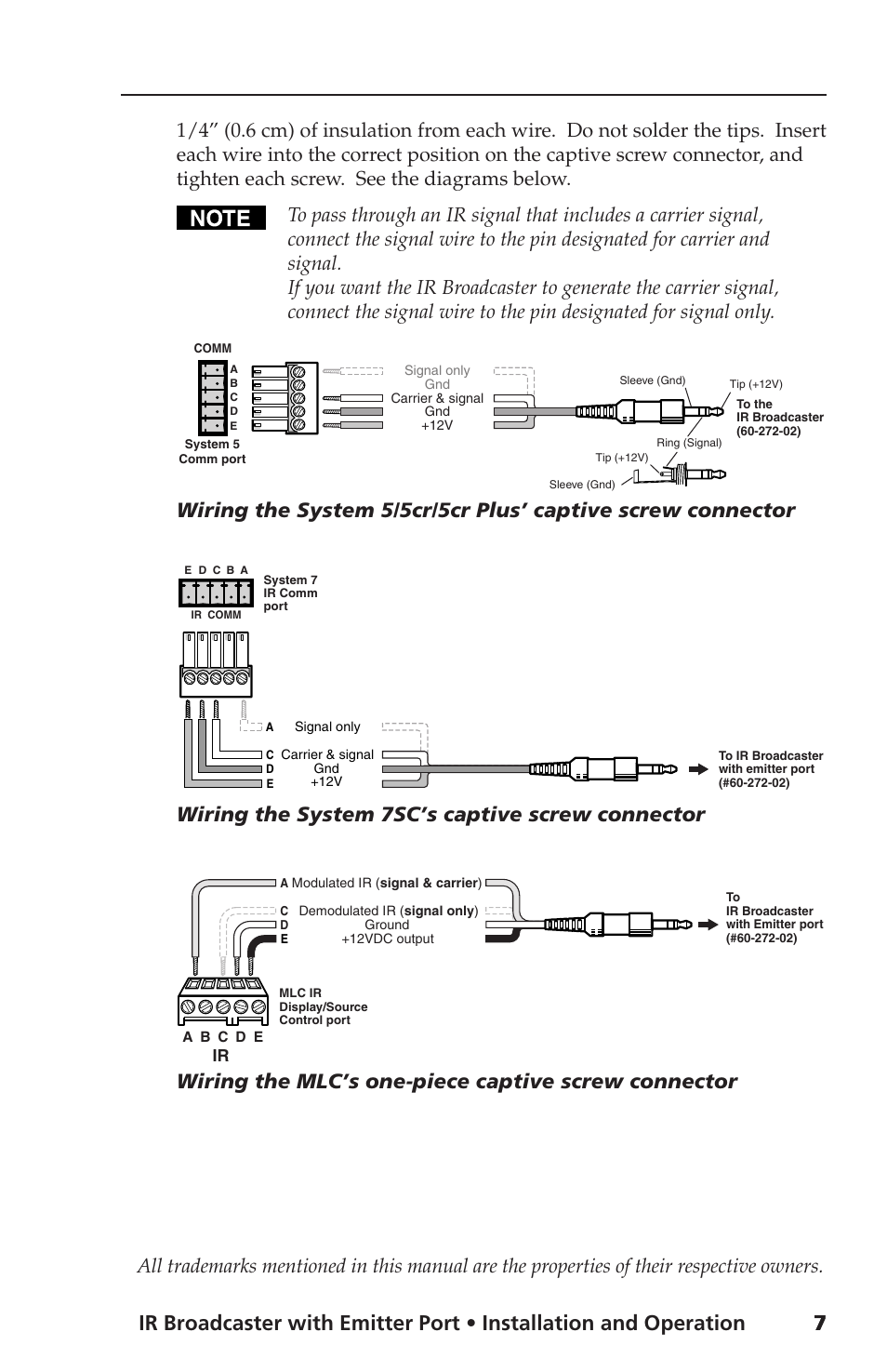 Wiring the system 7sc’s captive screw connector, Wiring the mlc’s one-piece captive screw connector | Extron Electronics IR Broadcaster User Manual | Page 7 / 8