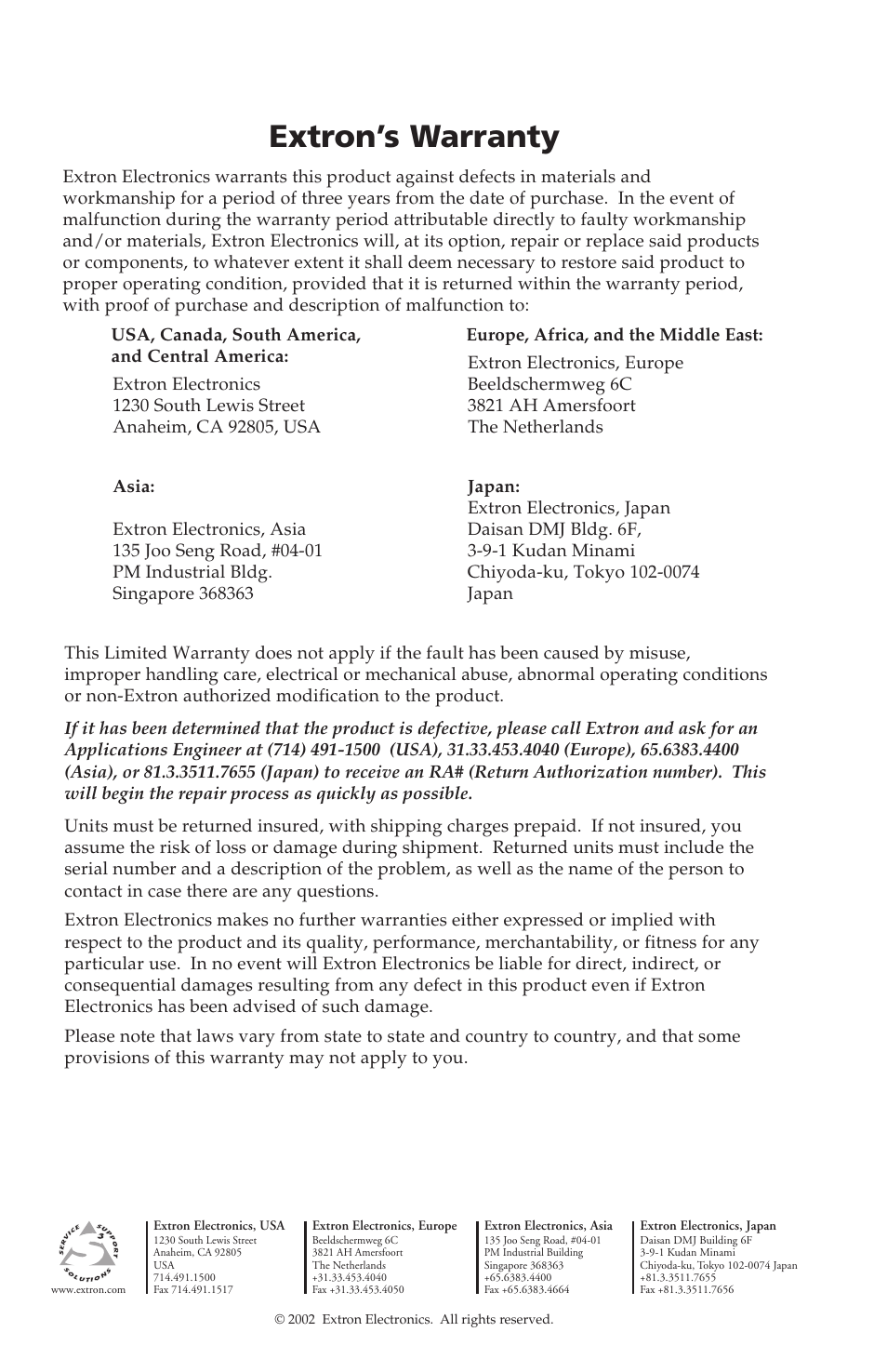 Extron’s warranty | Extron Electronics IR Broadcaster User Manual | Page 8 / 8