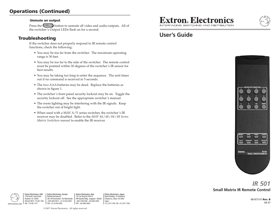 Extron Electronics IR 501 User Manual | 4 pages