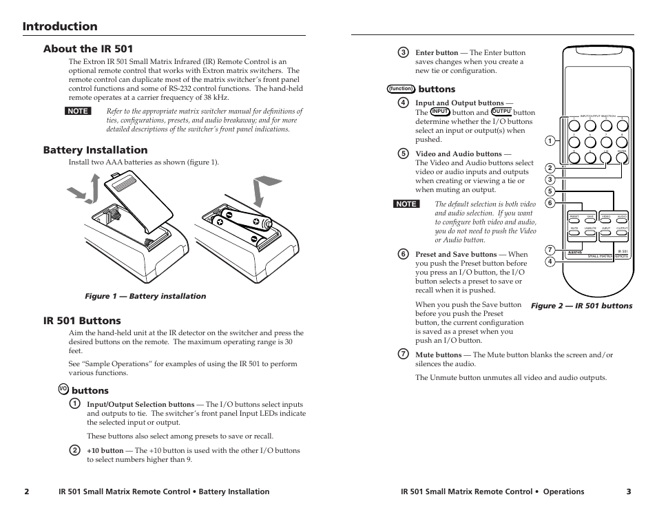 Introduction, About the ir 501, Battery installation | Ir 501 buttons | Extron Electronics IR 501 User Manual | Page 2 / 4