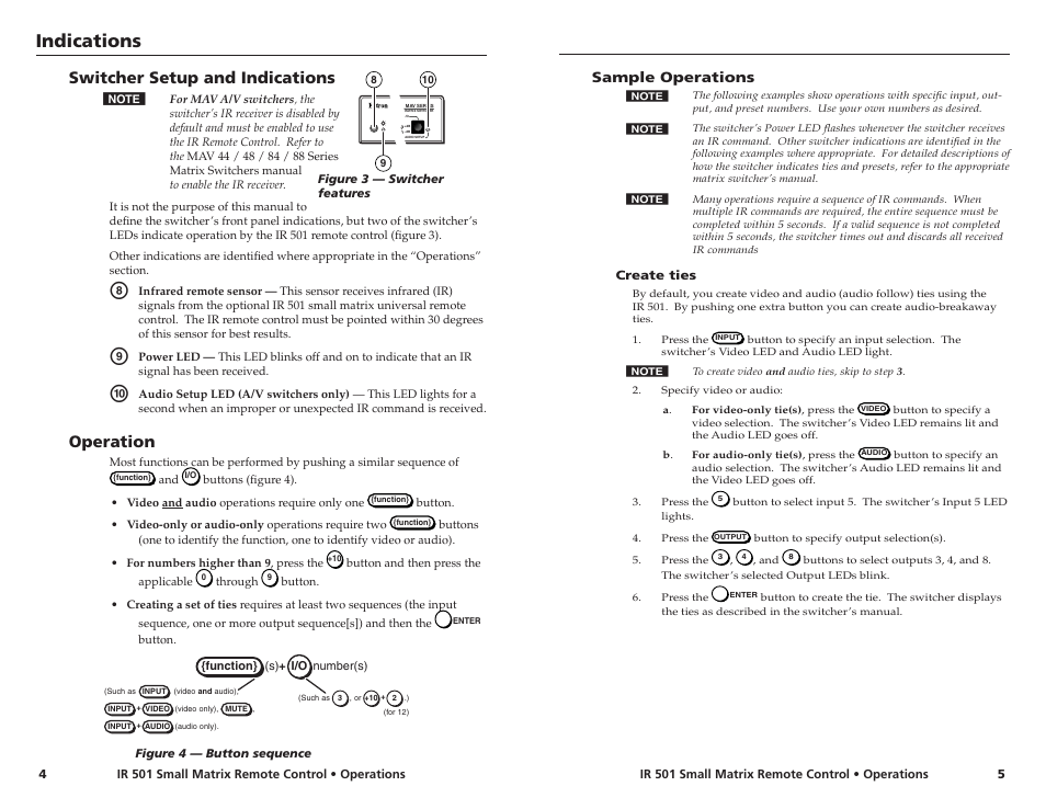 Indications, Switcher setup and indications, Operation | Sample operations | Extron Electronics IR 501 User Manual | Page 3 / 4