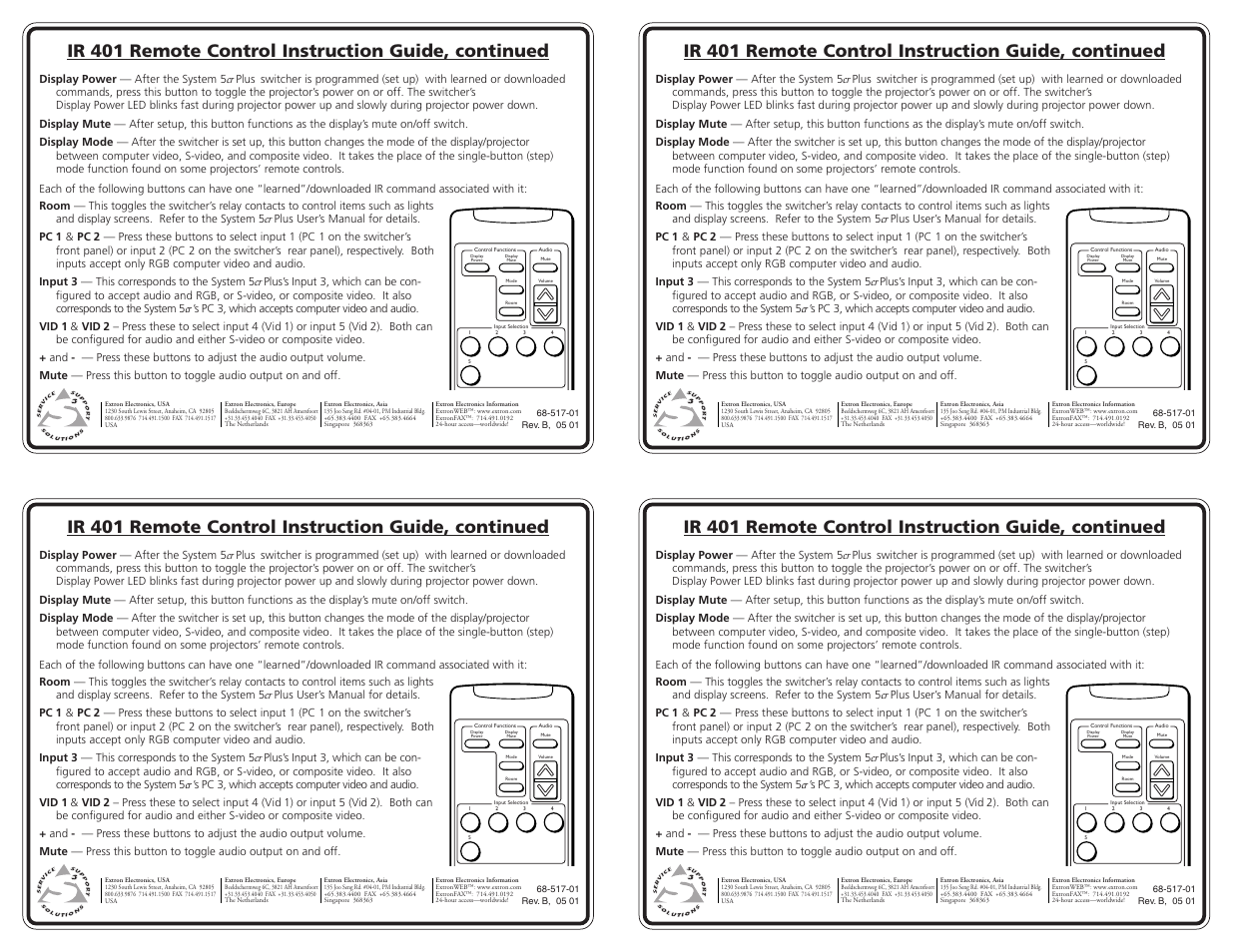 Ir 401 remote control instruction guide, continued | Extron Electronics IR 401 User Manual | Page 2 / 2