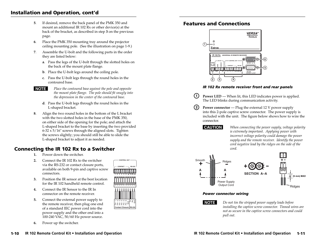 Connecting the ir 102 rx to a switcher, Features and connections, Installation and operation, cont’d | Extron Electronics IR 102 Kit User Manual | Page 10 / 15