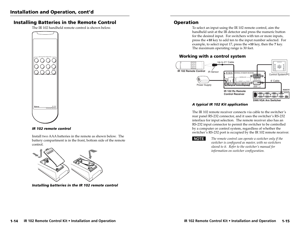 Installing batteries in the remote control, Operation, Working with a control system | Installation and operation, cont’d | Extron Electronics IR 102 Kit User Manual | Page 12 / 15