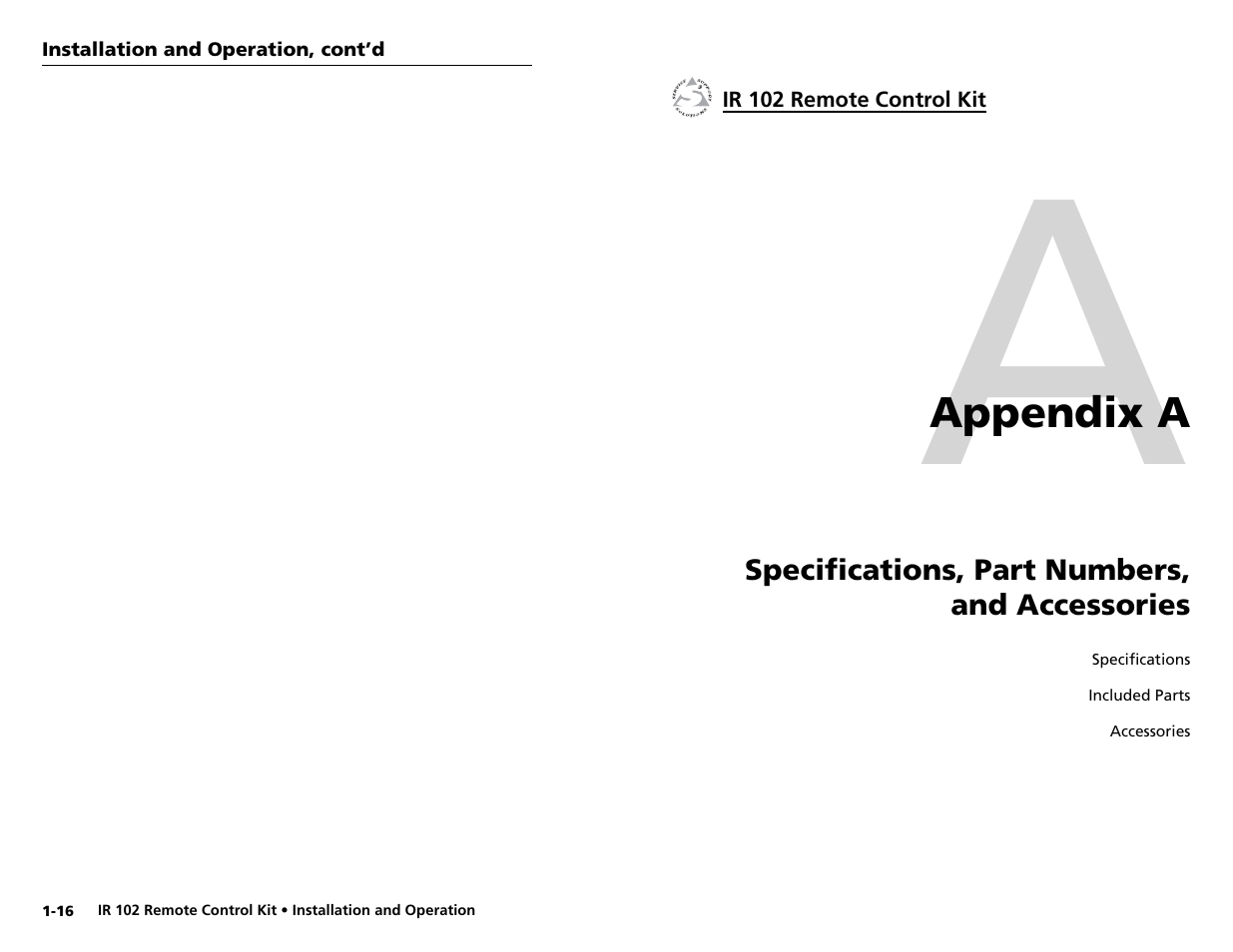 Specifications, part numbers,and accessories | Extron Electronics IR 102 Kit User Manual | Page 13 / 15