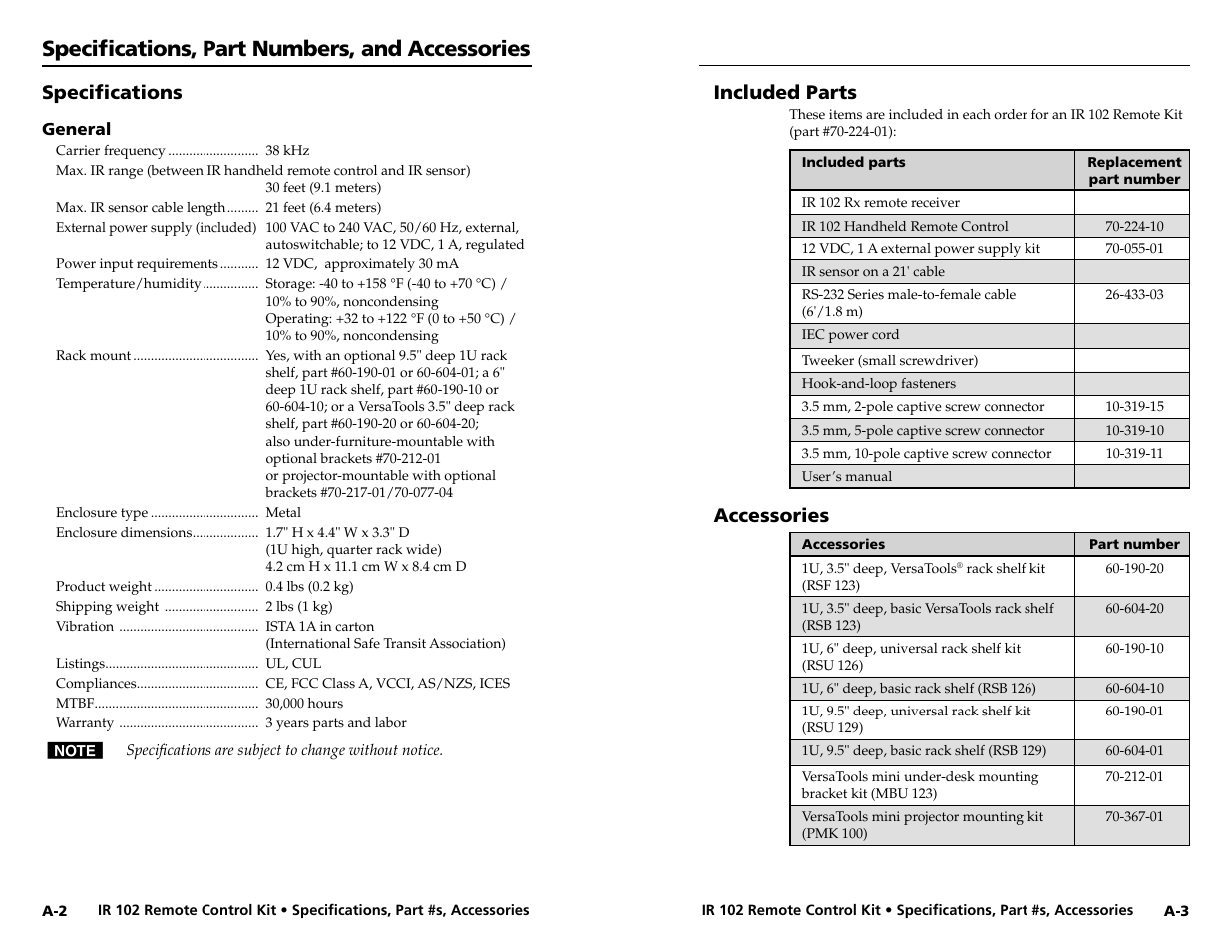 Specifications, Included parts, Accessories | Specifi cations, part numbers, and accessories, Specifi cations | Extron Electronics IR 102 Kit User Manual | Page 14 / 15