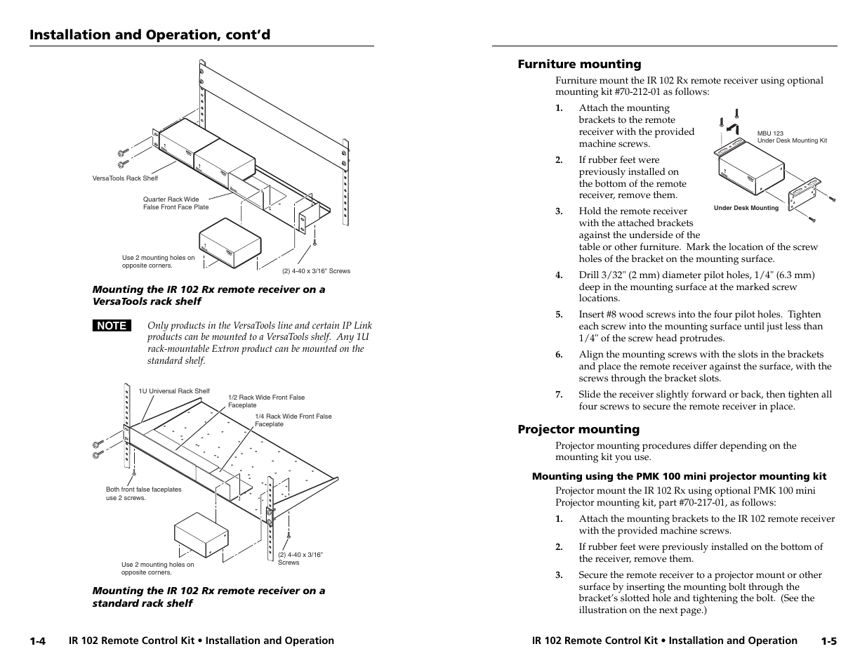 Furniture mounting, Projector mounting, Installation and operation, cont’d | Extron Electronics IR 102 Kit User Manual | Page 7 / 15